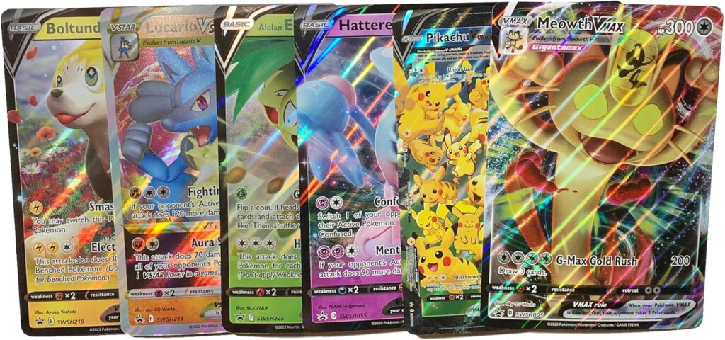 A photo of jumbo cards of Boltund V, Lucario Star, Hatterene V, Pikachu V Union, and Meowth V Max.